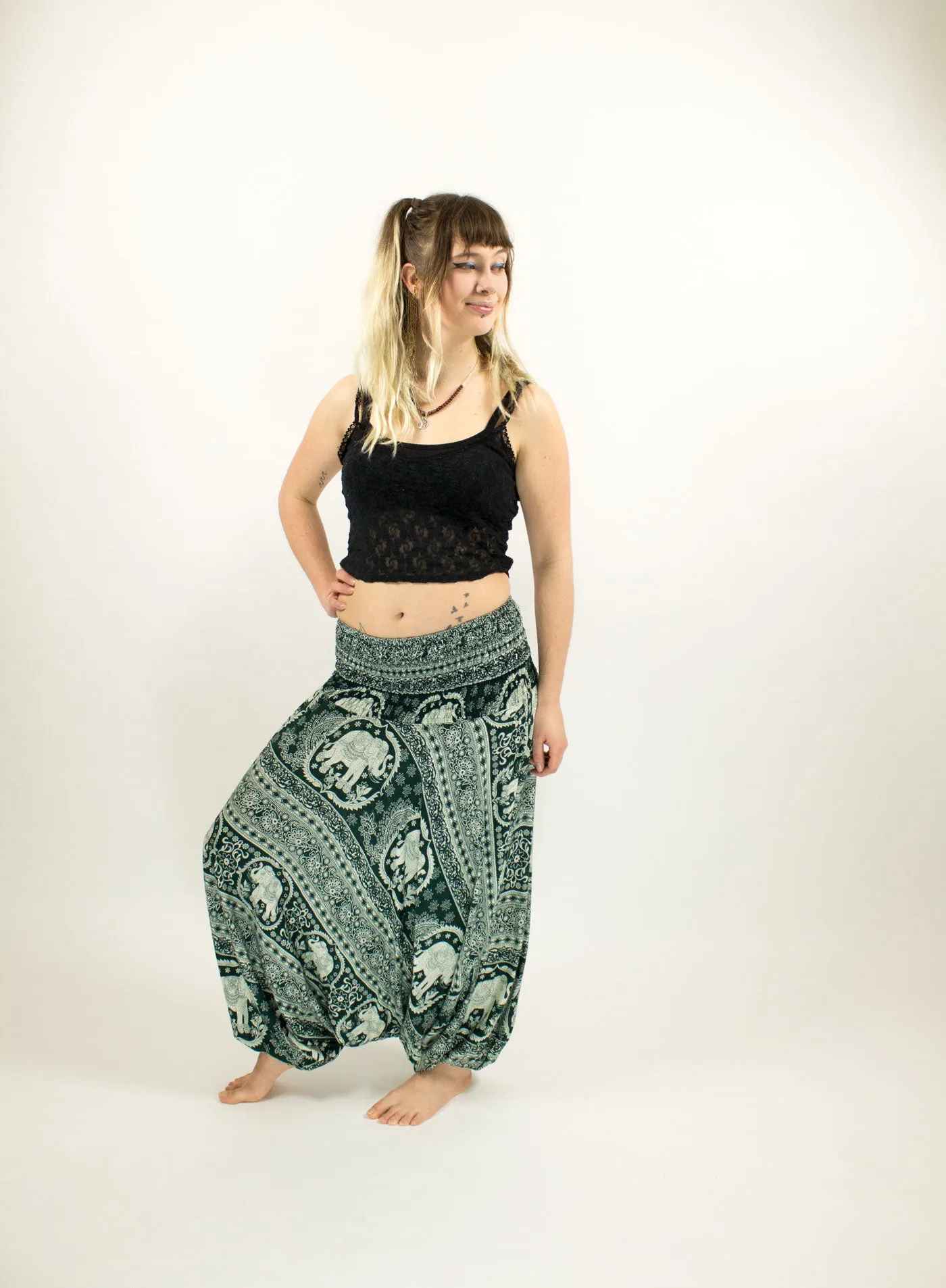 PATTERNED ELEPHANT HAREM LOW CROTCH PANTS GREEN