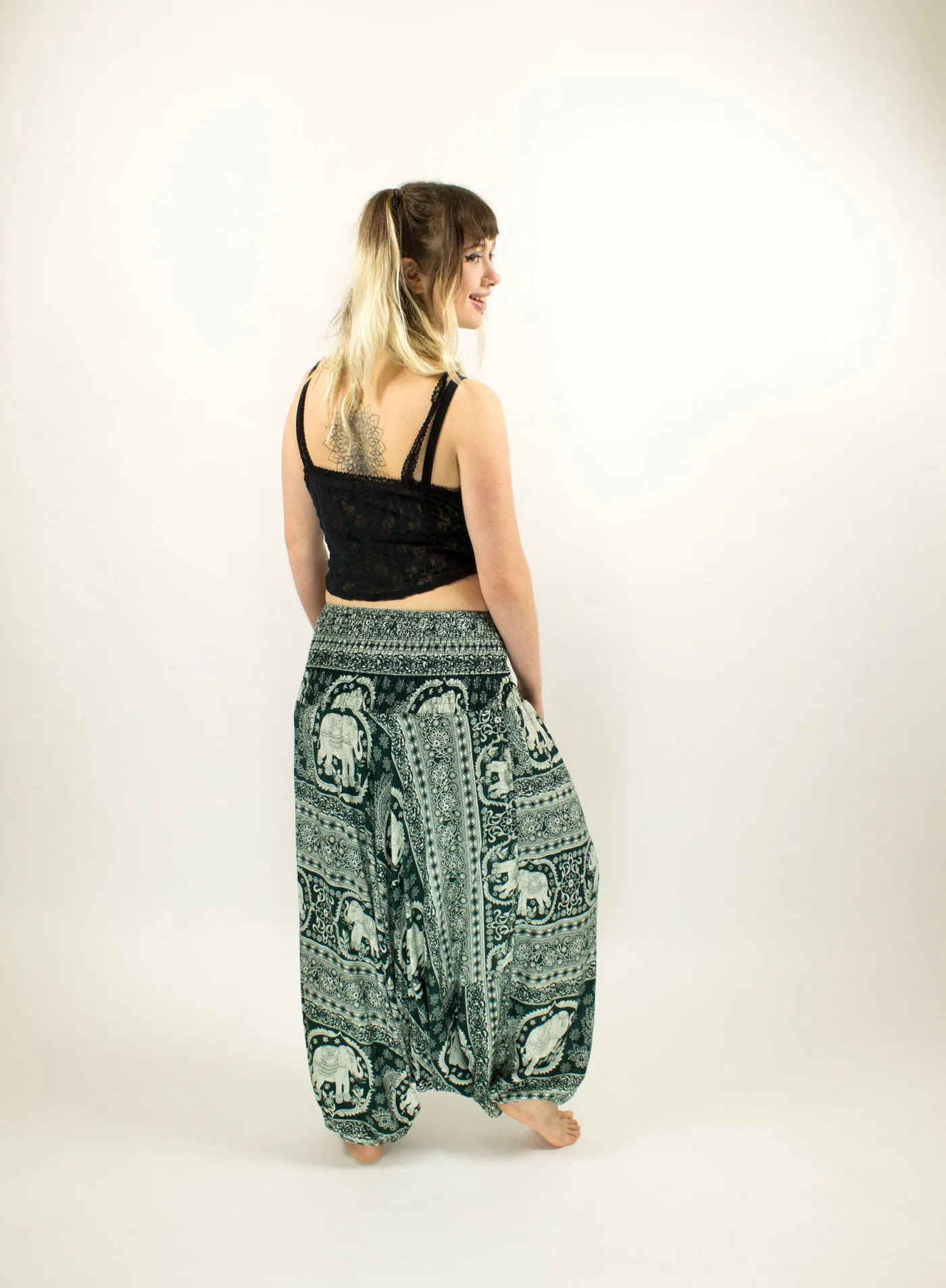 PATTERNED ELEPHANT HAREM LOW CROTCH PANTS GREEN