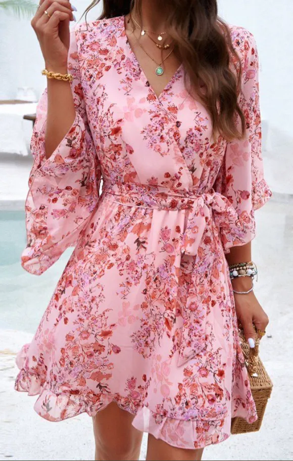 Pink Floral Wrap Dress