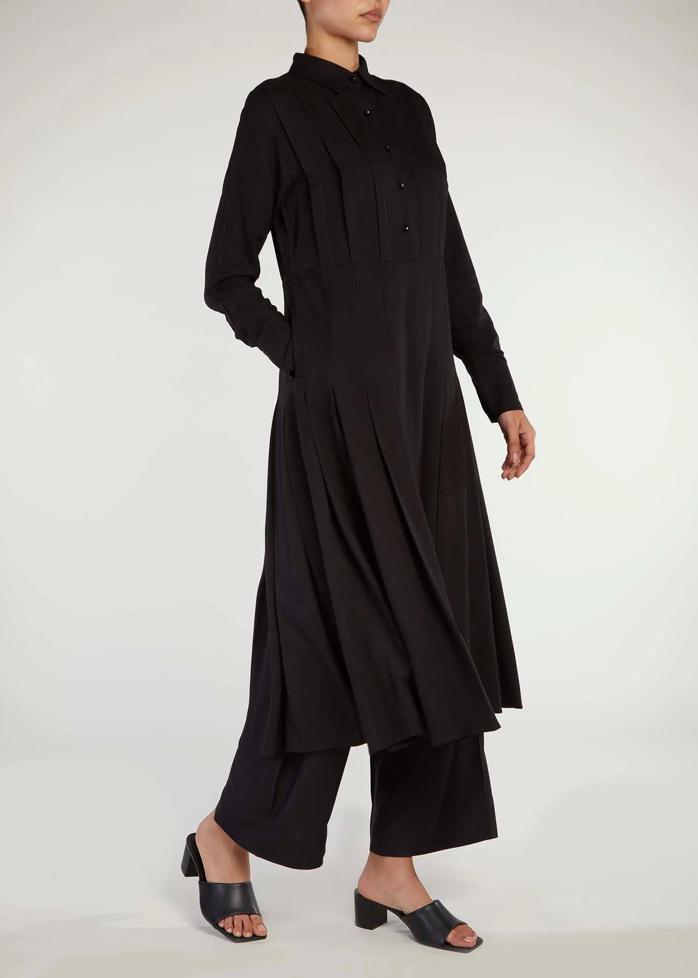 Pleated Shirt Dress Black