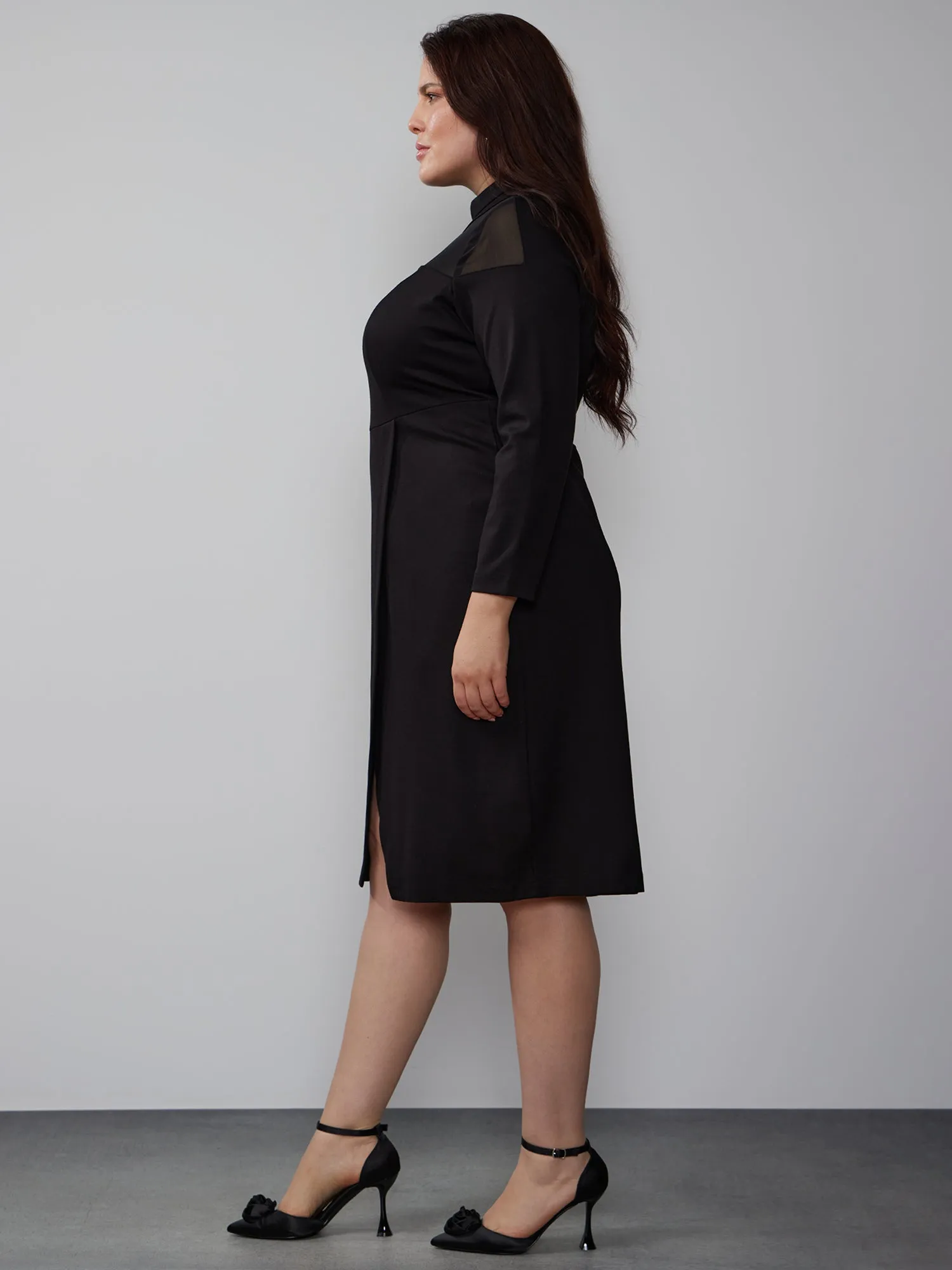 Plus Long Sleeve Cutout Illusion Neck Dress