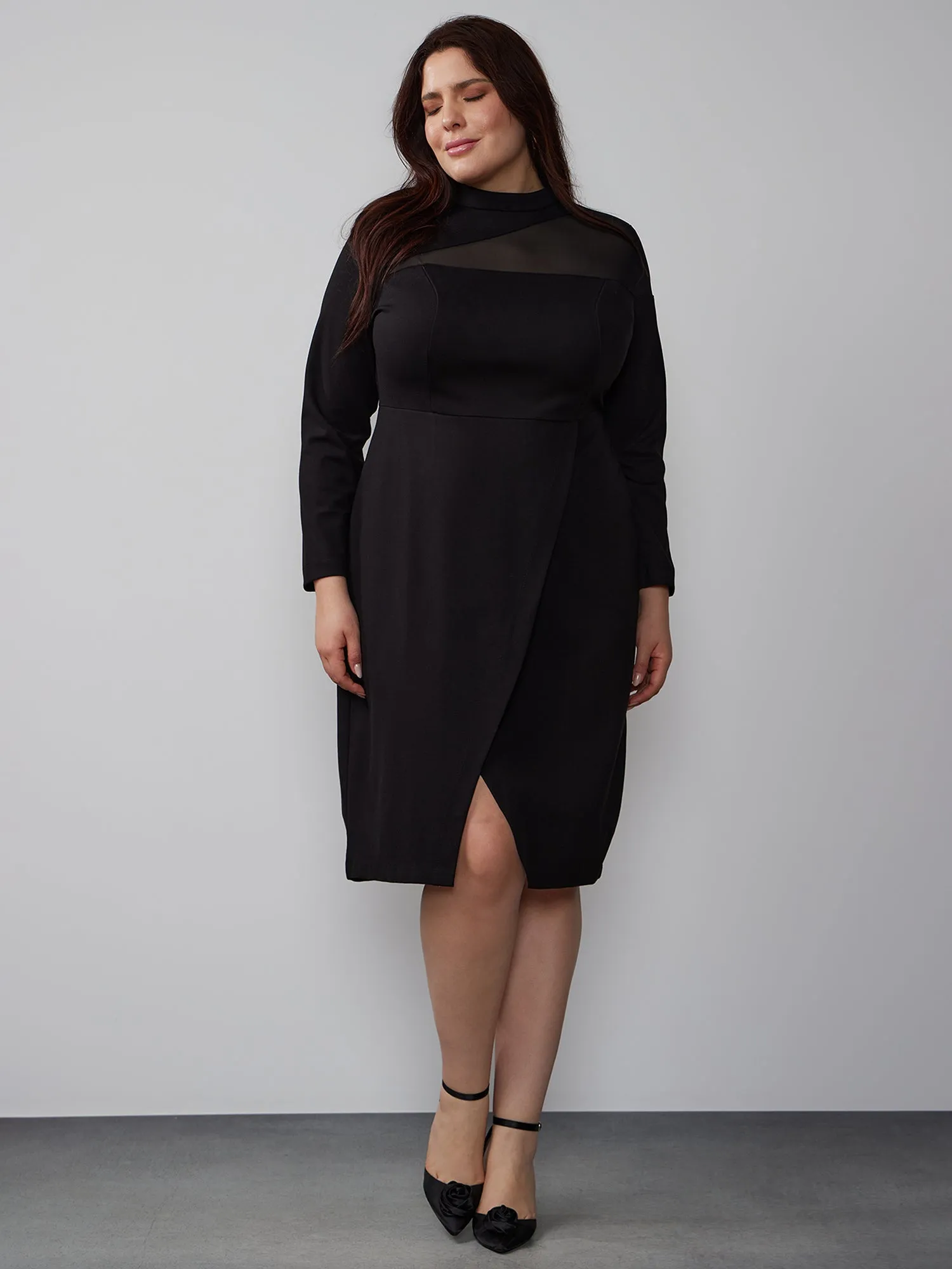 Plus Long Sleeve Cutout Illusion Neck Dress