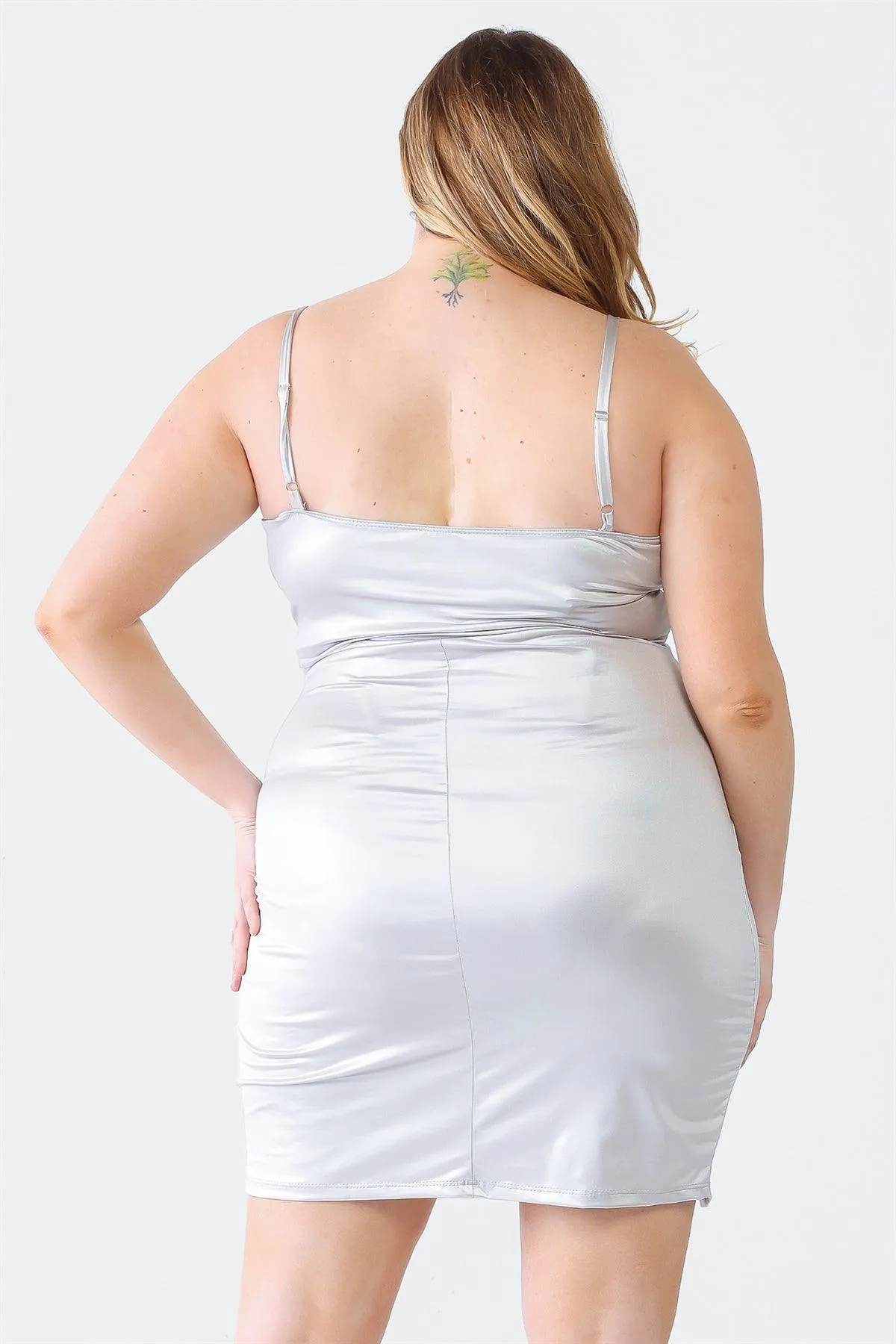 Plus Size Metallic Silver Satin Wrap Hem Mini Dress