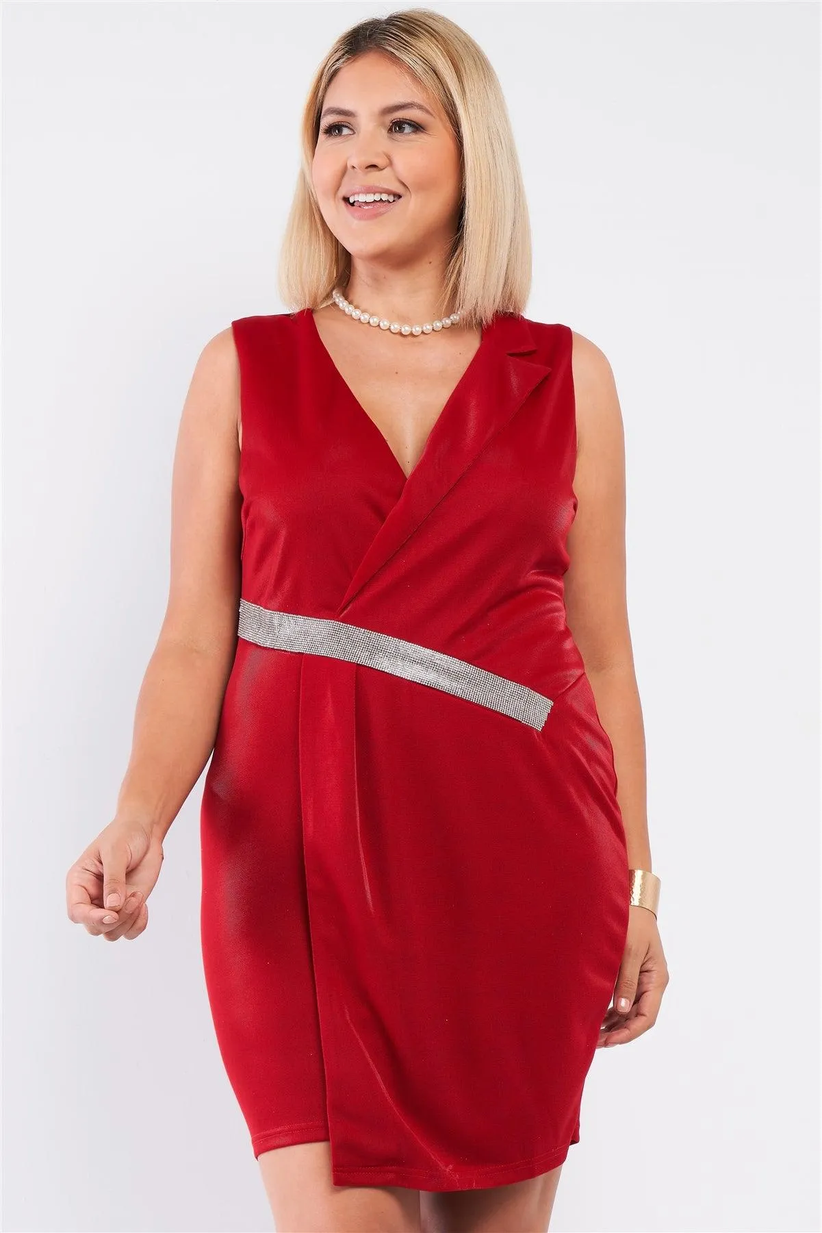 Plus Size Red Rhinestones Sparkle Belt Cocktail Dress