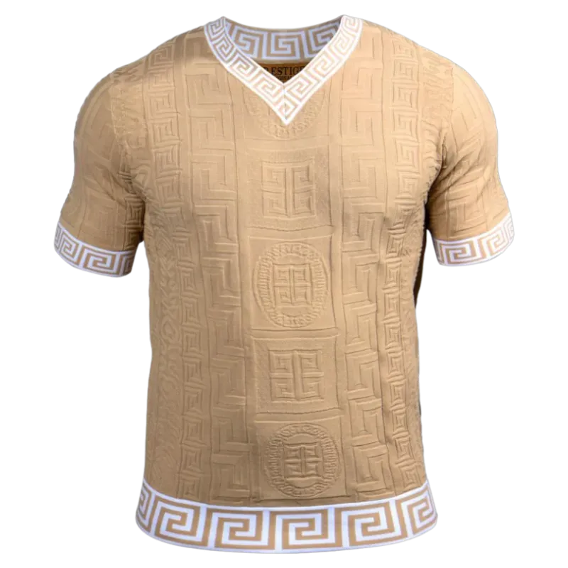 Prestige beige men's v-neck t-shirts greek key white trim around the Collar and Sleeves