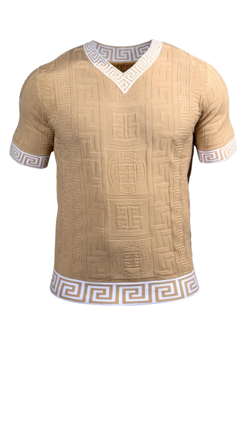 Prestige beige men's v-neck t-shirts greek key white trim around the Collar and Sleeves