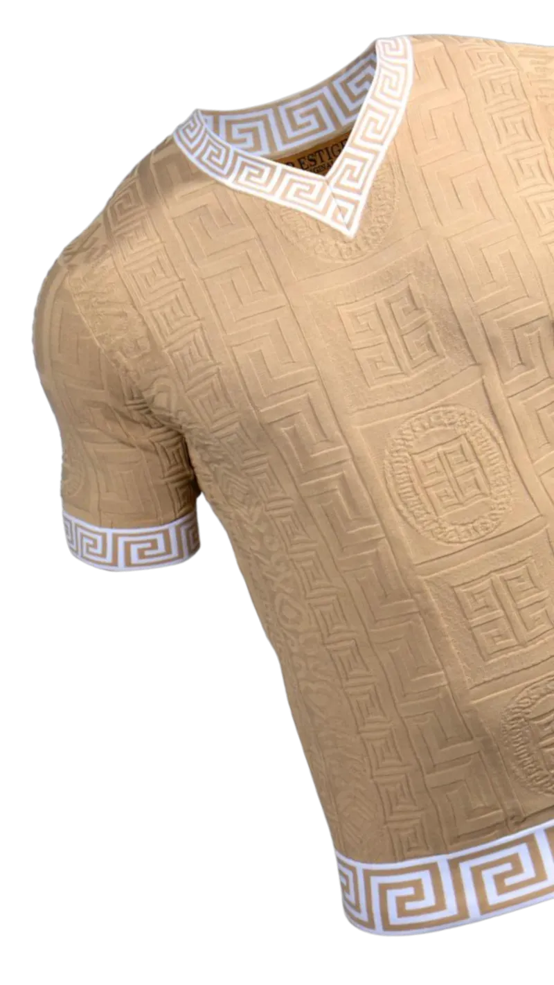 Prestige beige men's v-neck t-shirts greek key white trim around the Collar and Sleeves