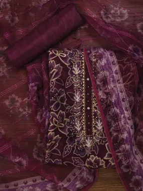 Purple Unstitched Embellished Organza Dress Material With Dupatta