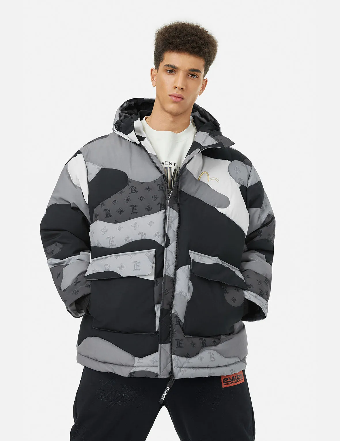 Quilted Camouflage Panels and Allover Logo Print Loose Fit Down Jacket