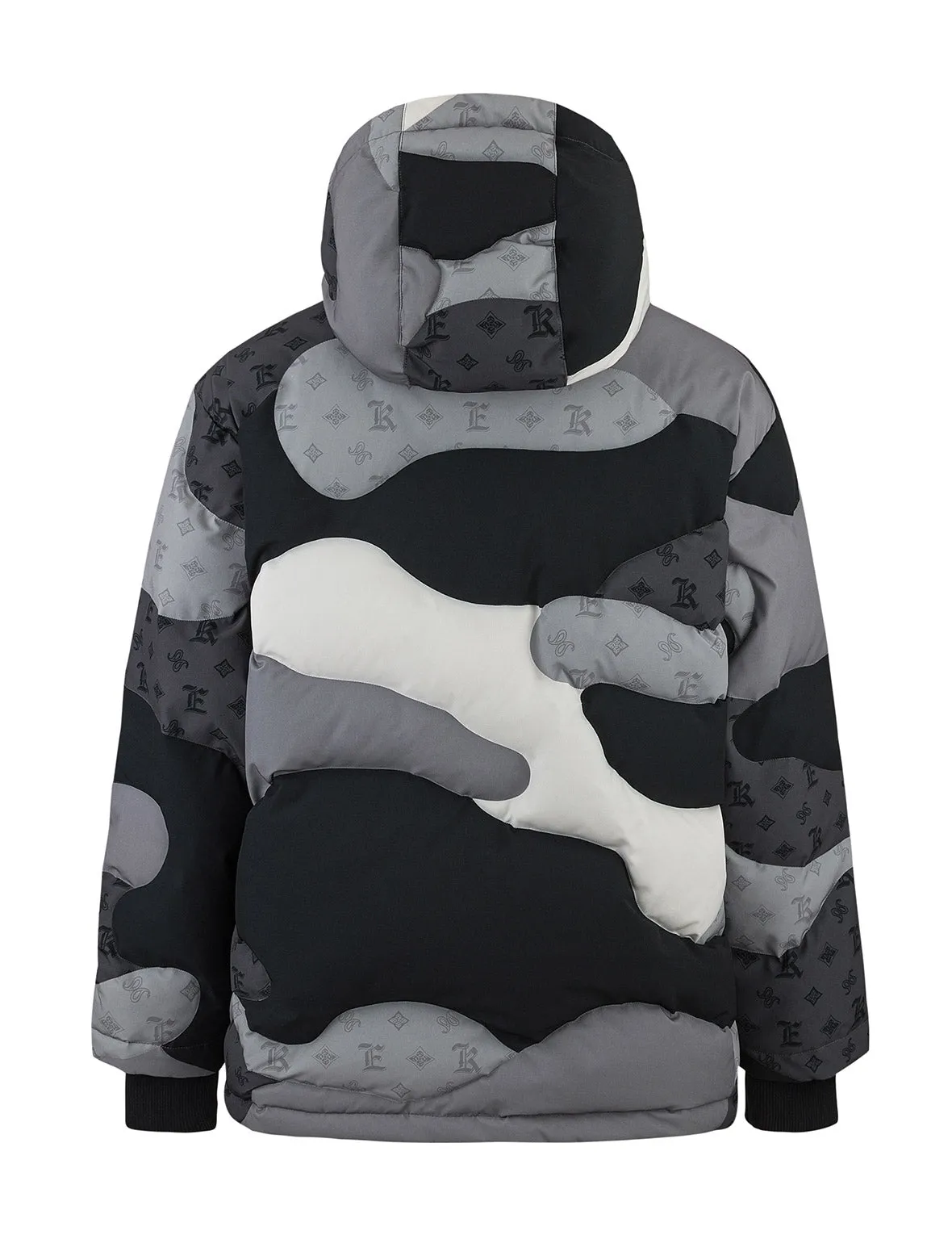 Quilted Camouflage Panels and Allover Logo Print Loose Fit Down Jacket