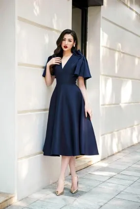 Raphaelle pleated shoulder midi blue dress - Josi