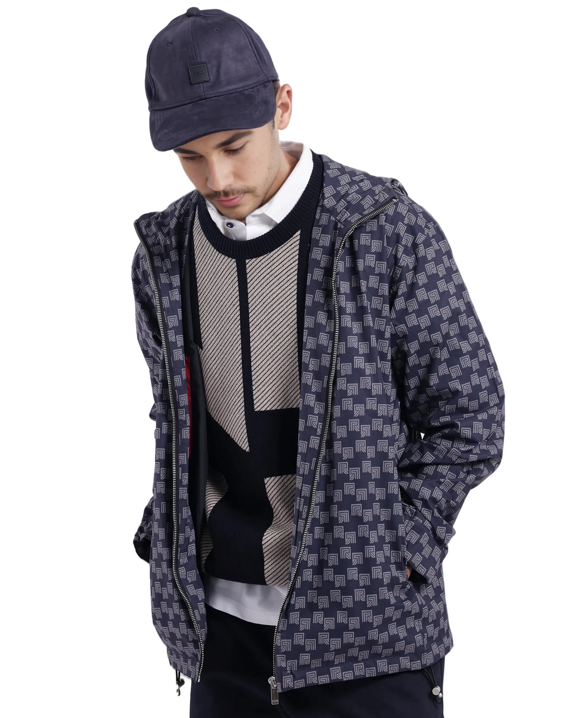 Rare Rabbit Men Sappon Navy Polyester Fabric Full Sleeve Hooded Zipper Closure Printed Jacket