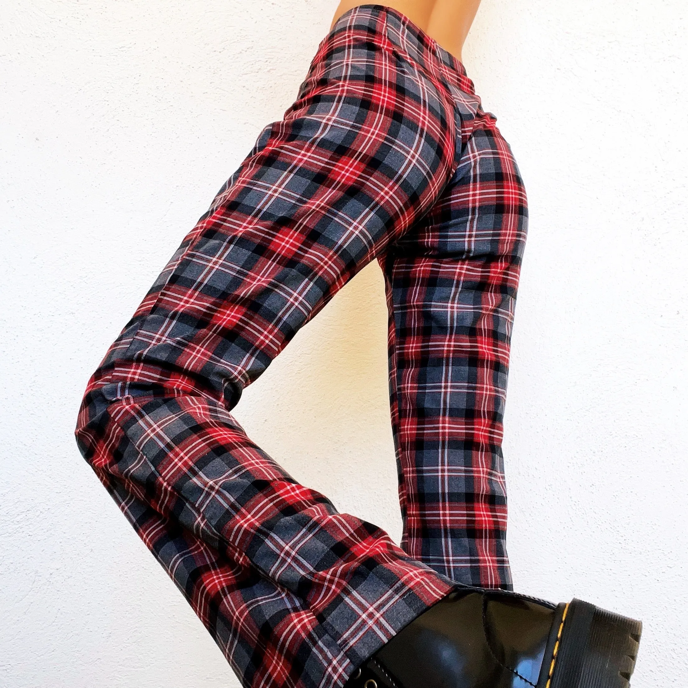 Red & Gray Plaid Flare Pants