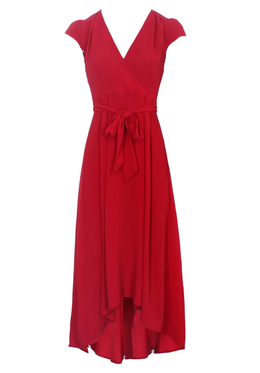 Red Capped Sleeve Waterfall Dress