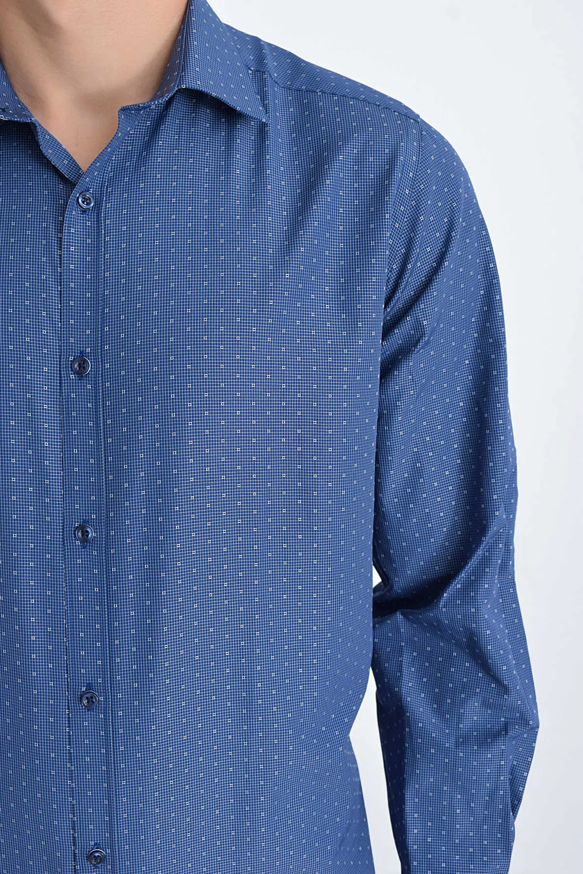 Regular Fit Patterned Cotton Blend Dress Shirt, Navy P