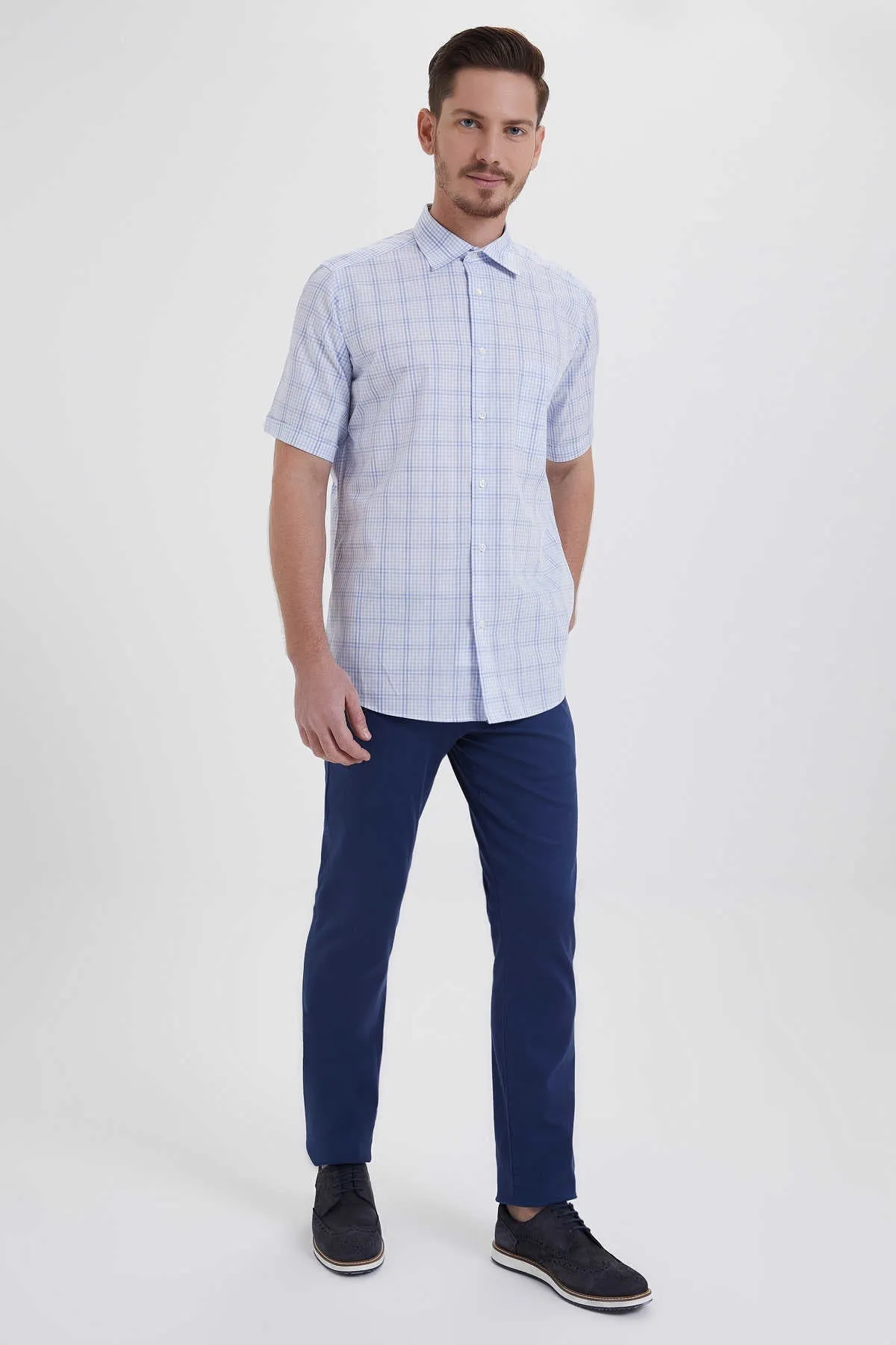 Regular Fit Plaid Cotton Blue Dress Shirt