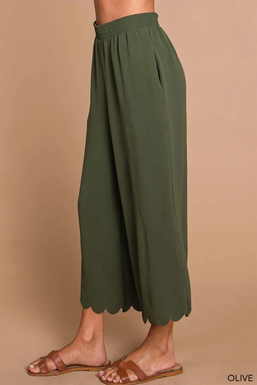 Scalloped Edge Pants - Olive