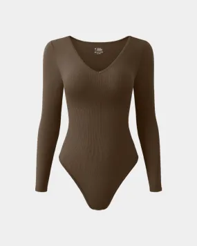 Sexy Ribbed T Shirt V Neck Long Sleeve Bodysuits