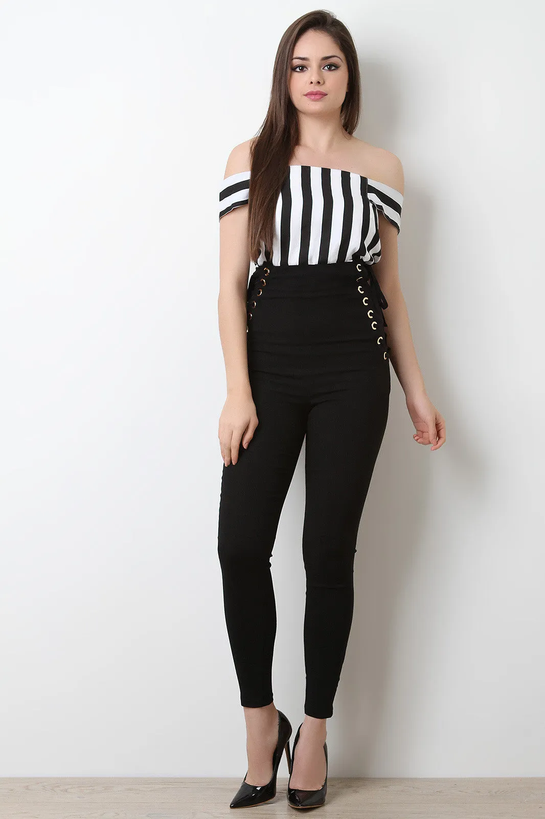 Side Eyelet Corset Lace-Up High Waist Skinny Pants