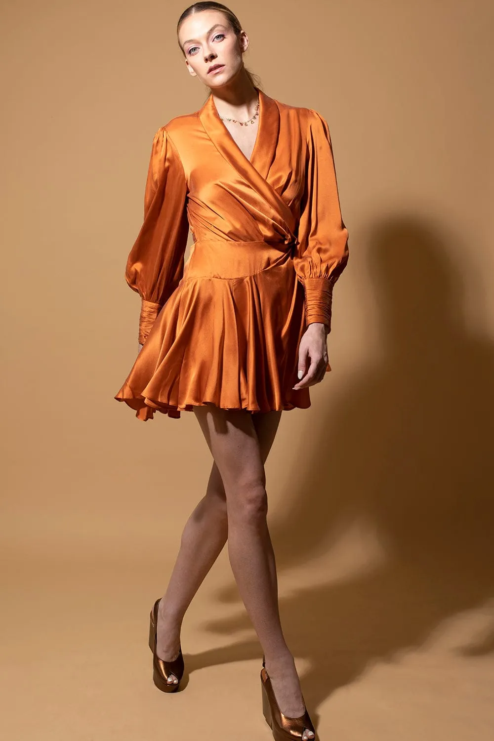 Silk Wrap Mini Dress - Tangerine