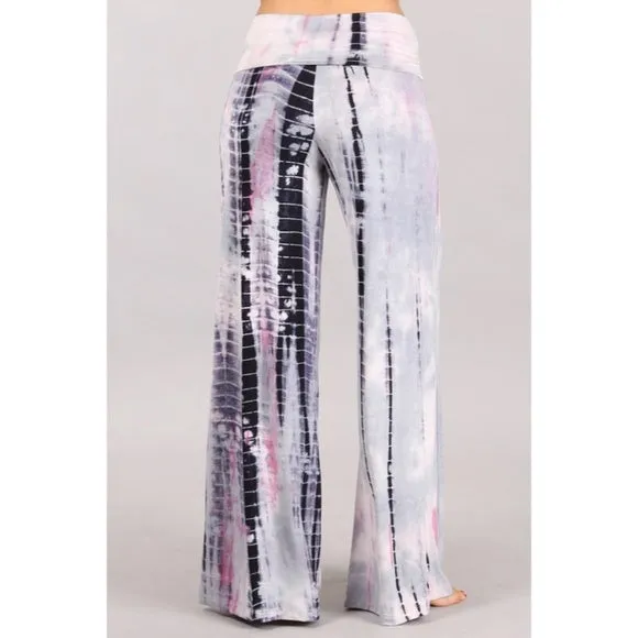 Silver Pink Tie Dye Foldover High Waist Wide Leg Palazzo Lounge Stretch Pants