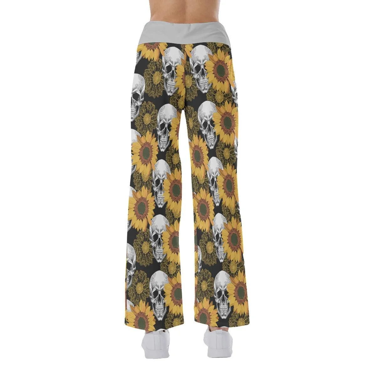 Skull Flower Pattern Pajama Pants Print Drawstring Palazzo Lounge