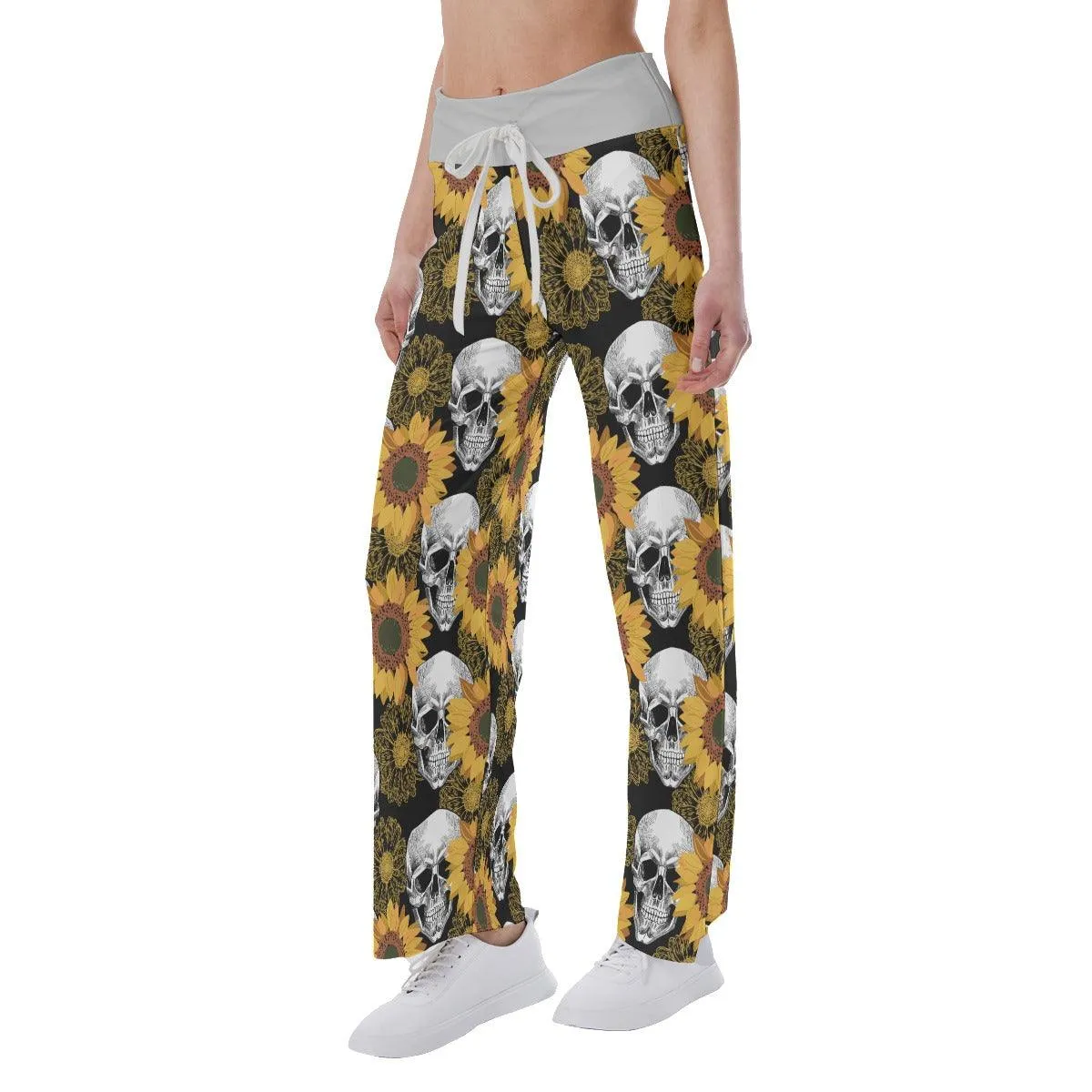 Skull Flower Pattern Pajama Pants Print Drawstring Palazzo Lounge