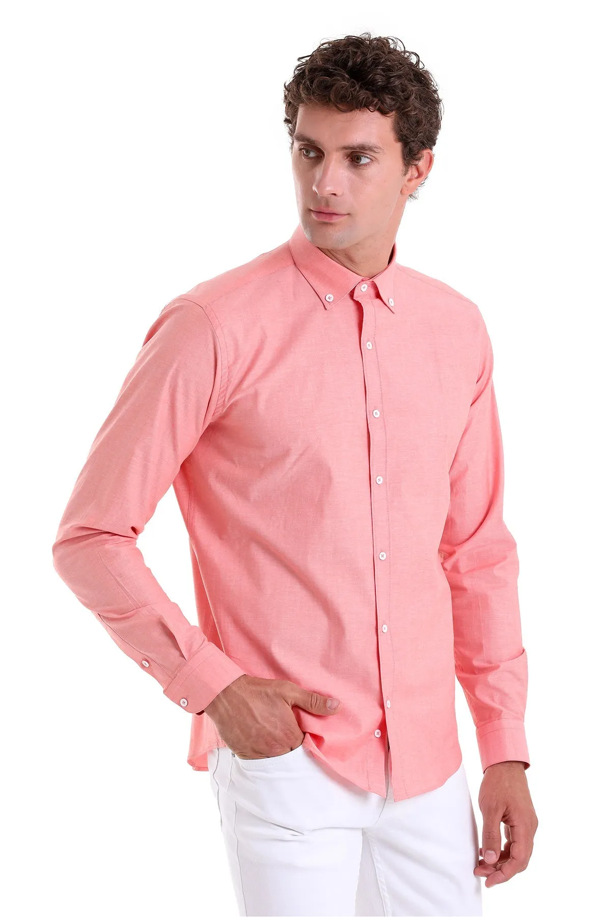 Slim Fit Long Sleeve Cotton Orange Dress Shirt