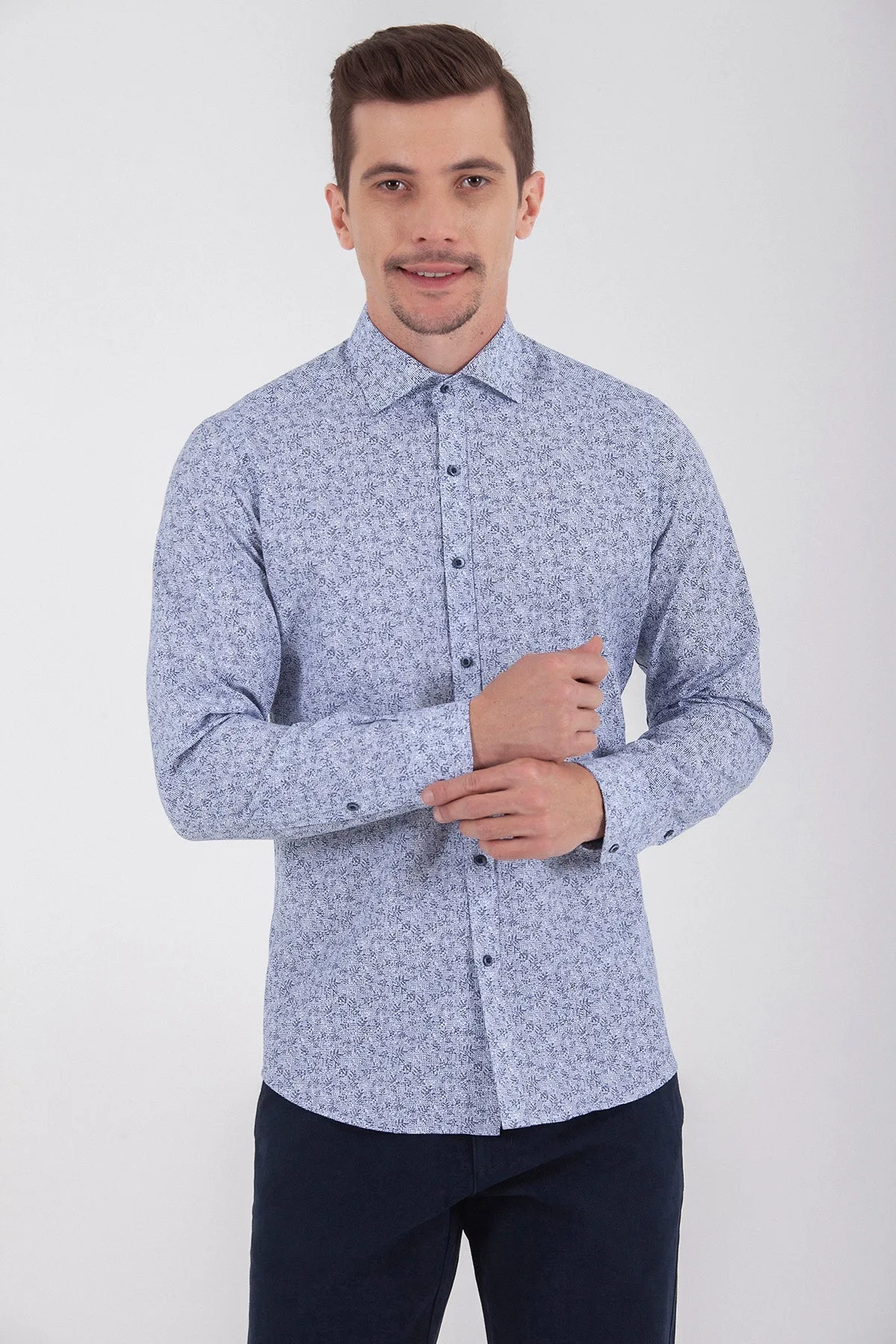 Slim Fit Long Sleeve Printed Cotton Blend Dress Shirt, Navy B1