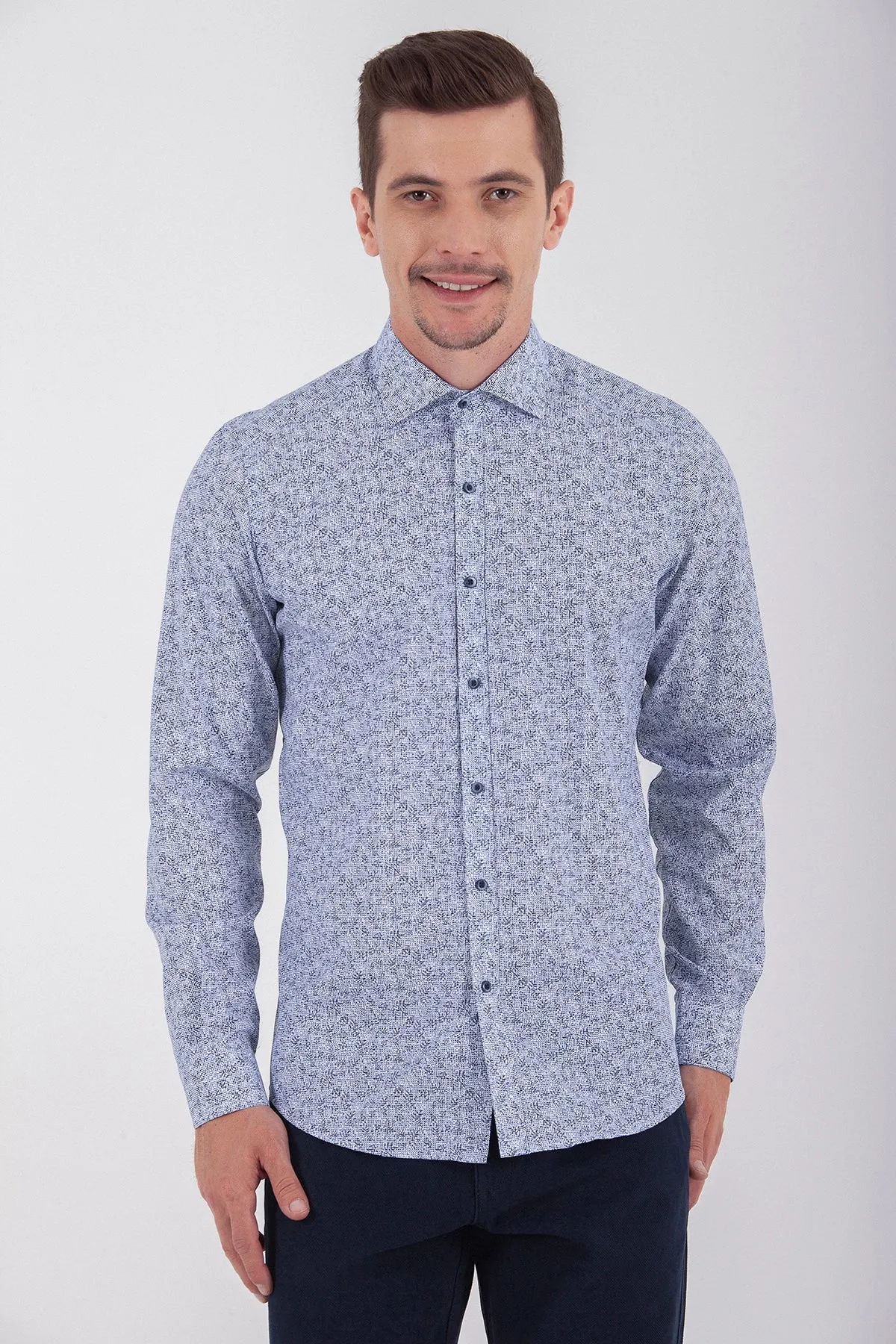 Slim Fit Long Sleeve Printed Cotton Blend Dress Shirt, Navy B1