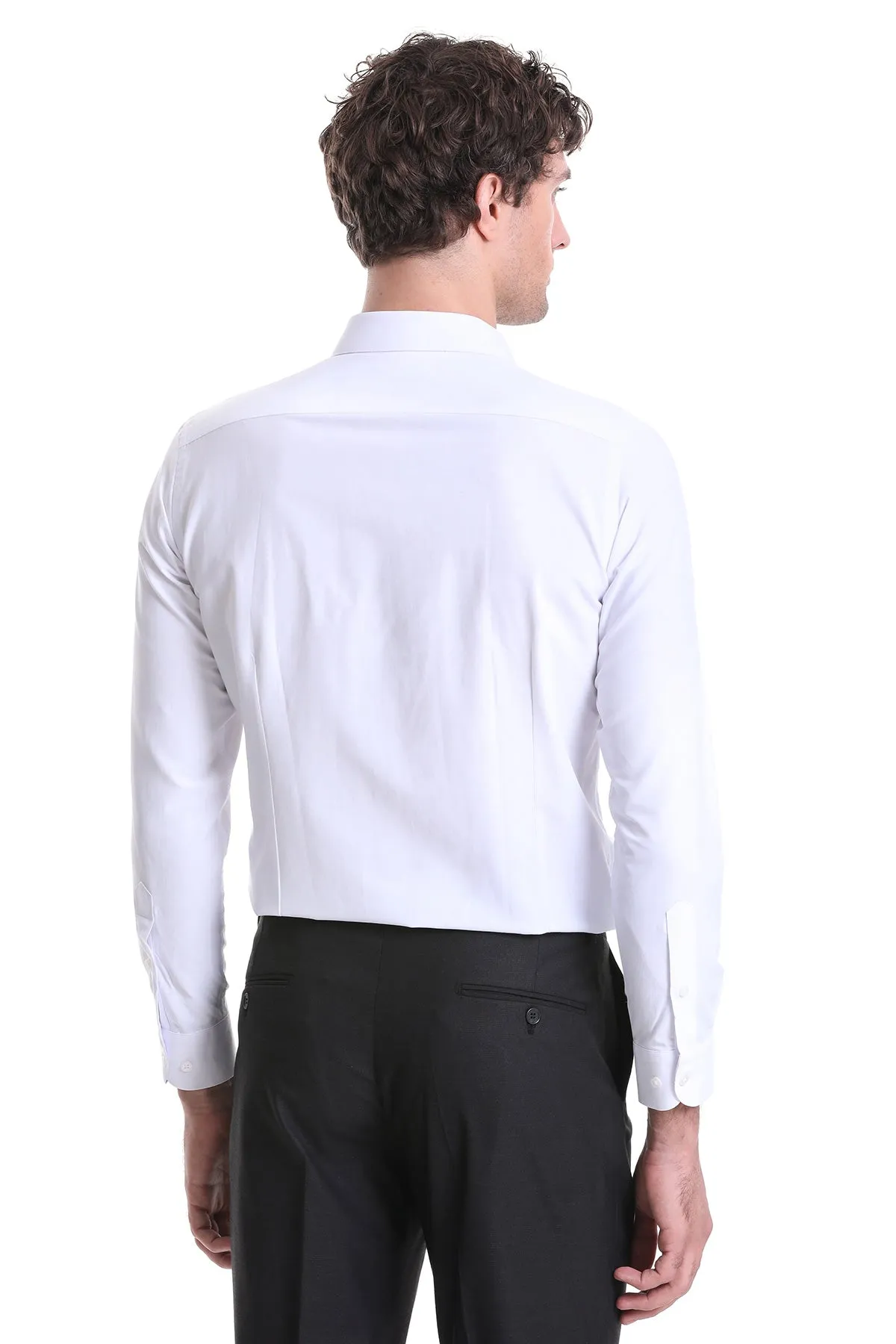 Slim Fit White Cotton Blend Dress Shirt