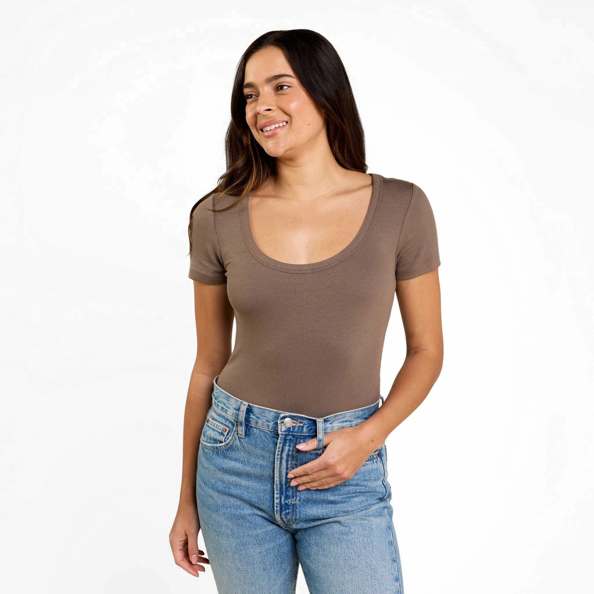 Slinky Rib Short Sleeve Bodysuit | Mocha