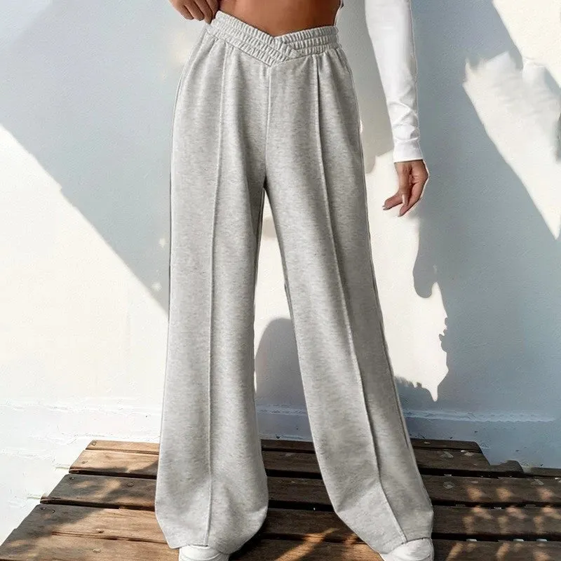 Solid Color Casual Elastic High-Waisted Wide-Leg Pants