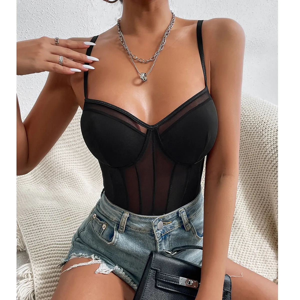 Spaghetti Strap Mesh Sheer Bodysuits