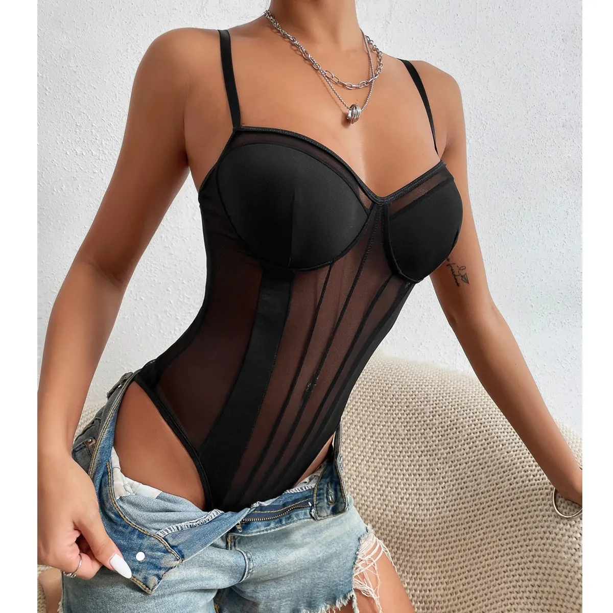 Spaghetti Strap Mesh Sheer Bodysuits