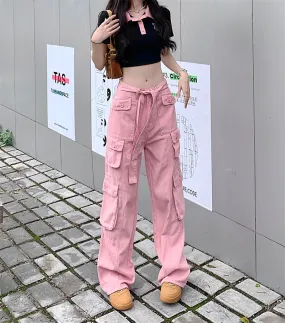 Street Pink Green Black Cream Denim Loose High Waist Pants