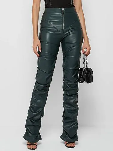 Stylish Zipper High-waist Pleated Slim Leather Pants