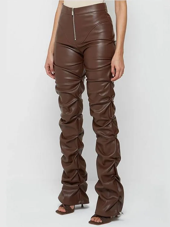 Stylish Zipper High-waist Pleated Slim Leather Pants