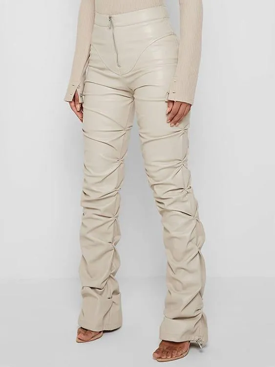 Stylish Zipper High-waist Pleated Slim Leather Pants