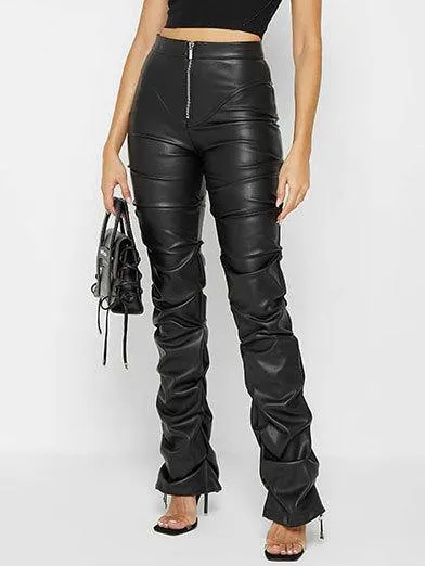 Stylish Zipper High-waist Pleated Slim Leather Pants