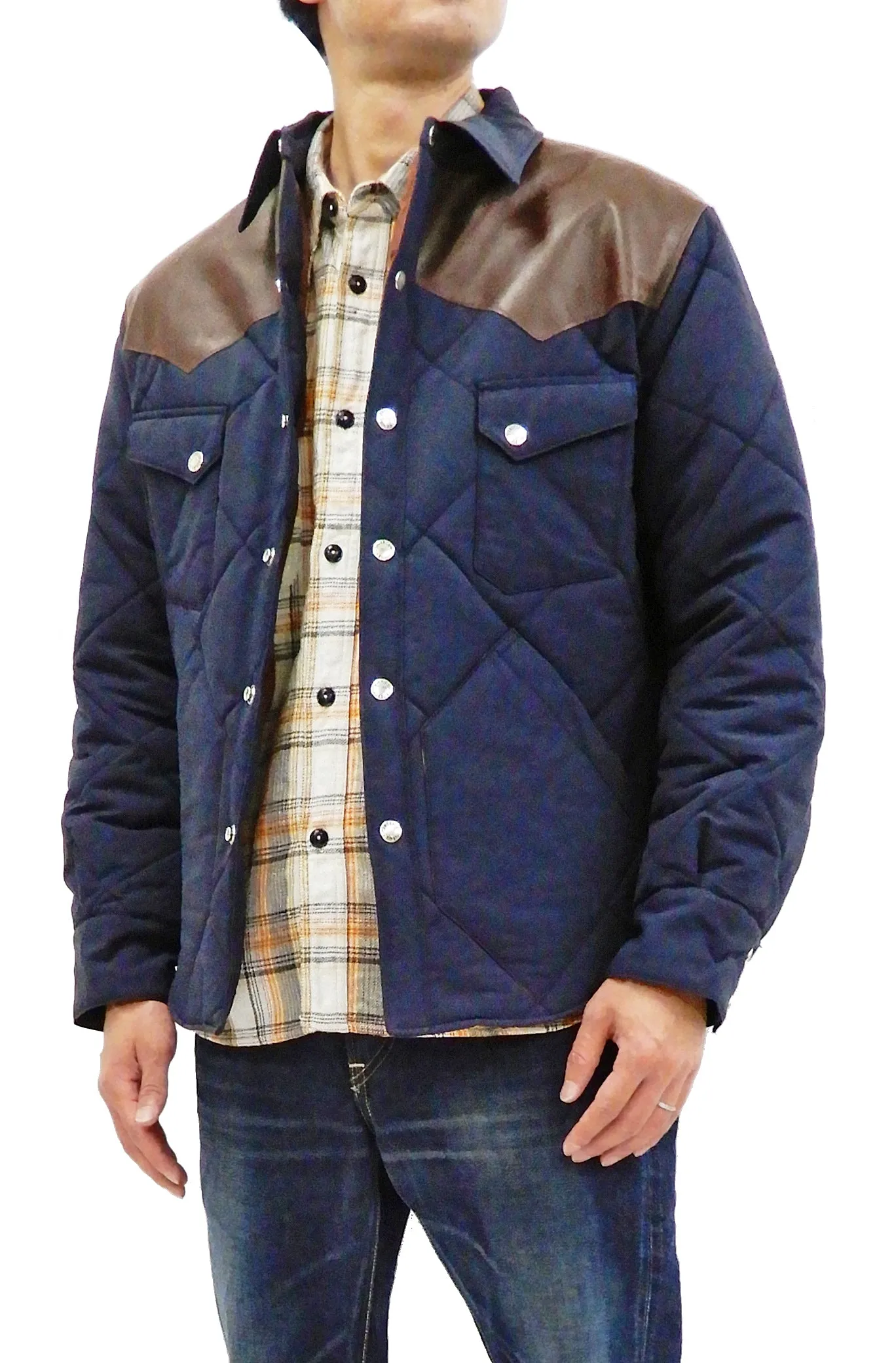 Sugar Cane Leather Yoke Padded Jacket Men's 60/40 Quilted Western Jacket SC14451 Navy/Browon