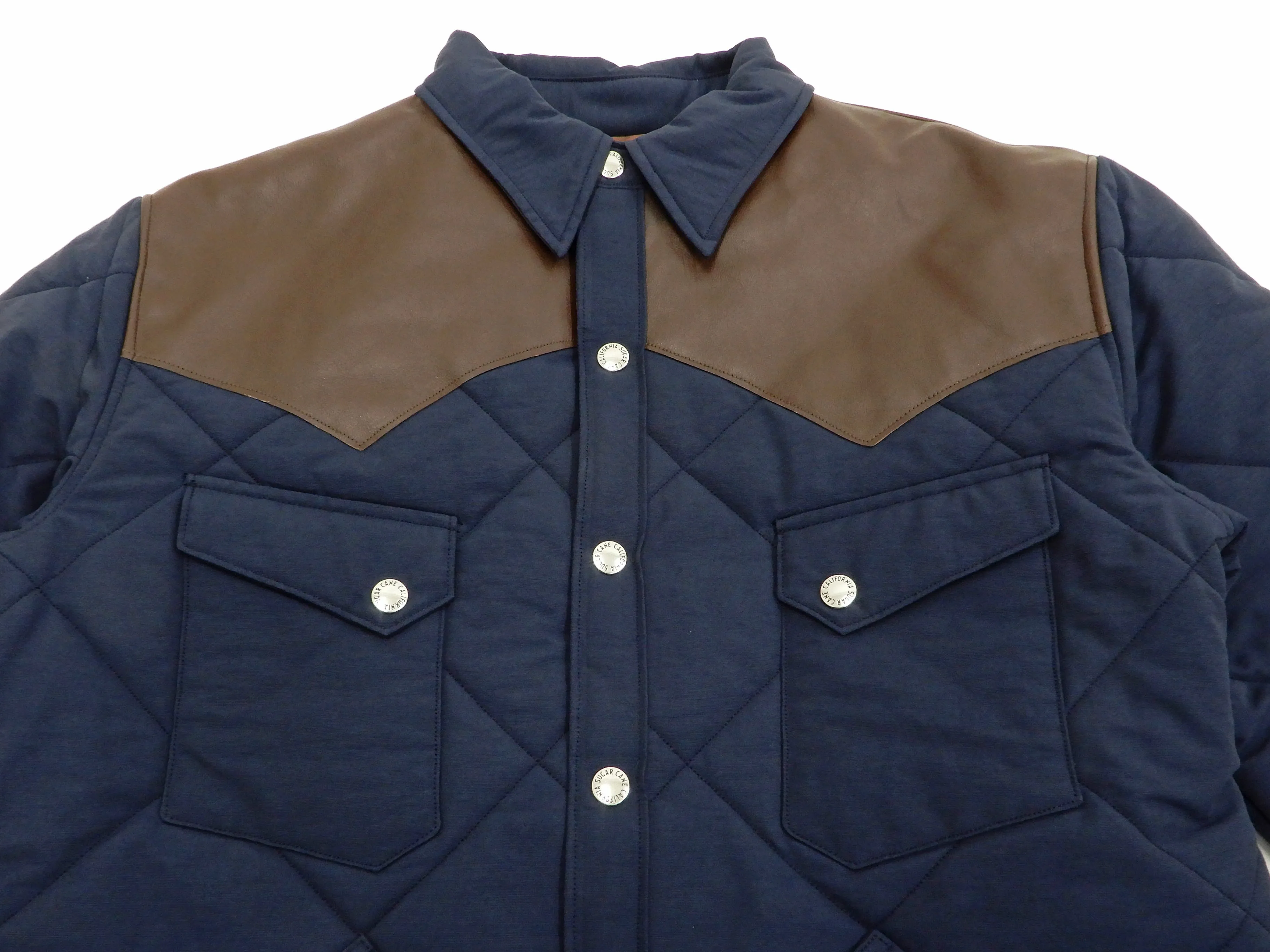 Sugar Cane Leather Yoke Padded Jacket Men's 60/40 Quilted Western Jacket SC14451 Navy/Browon