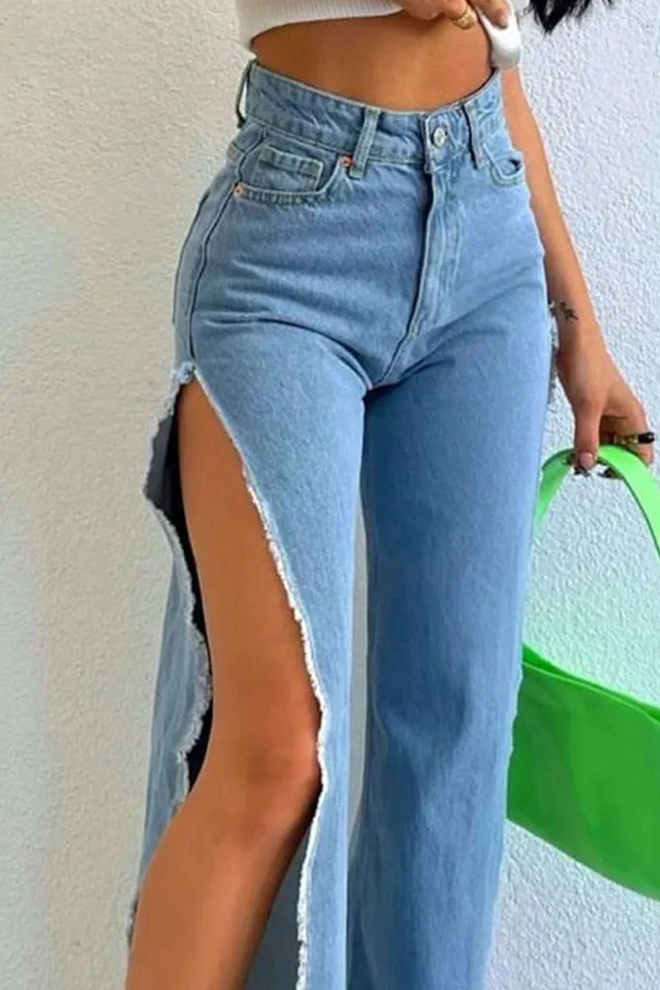 TastyHottie - High Waist Solid Color High Slit Jeans