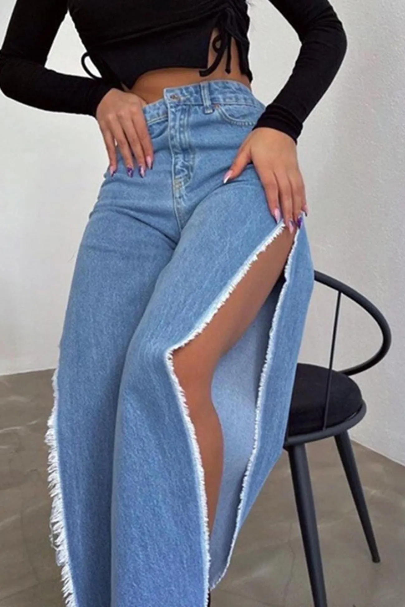 TastyHottie - High Waist Solid Color High Slit Jeans