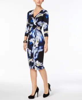 Thalia Sodi Printed Faux-Wrap Dress Black Petals S