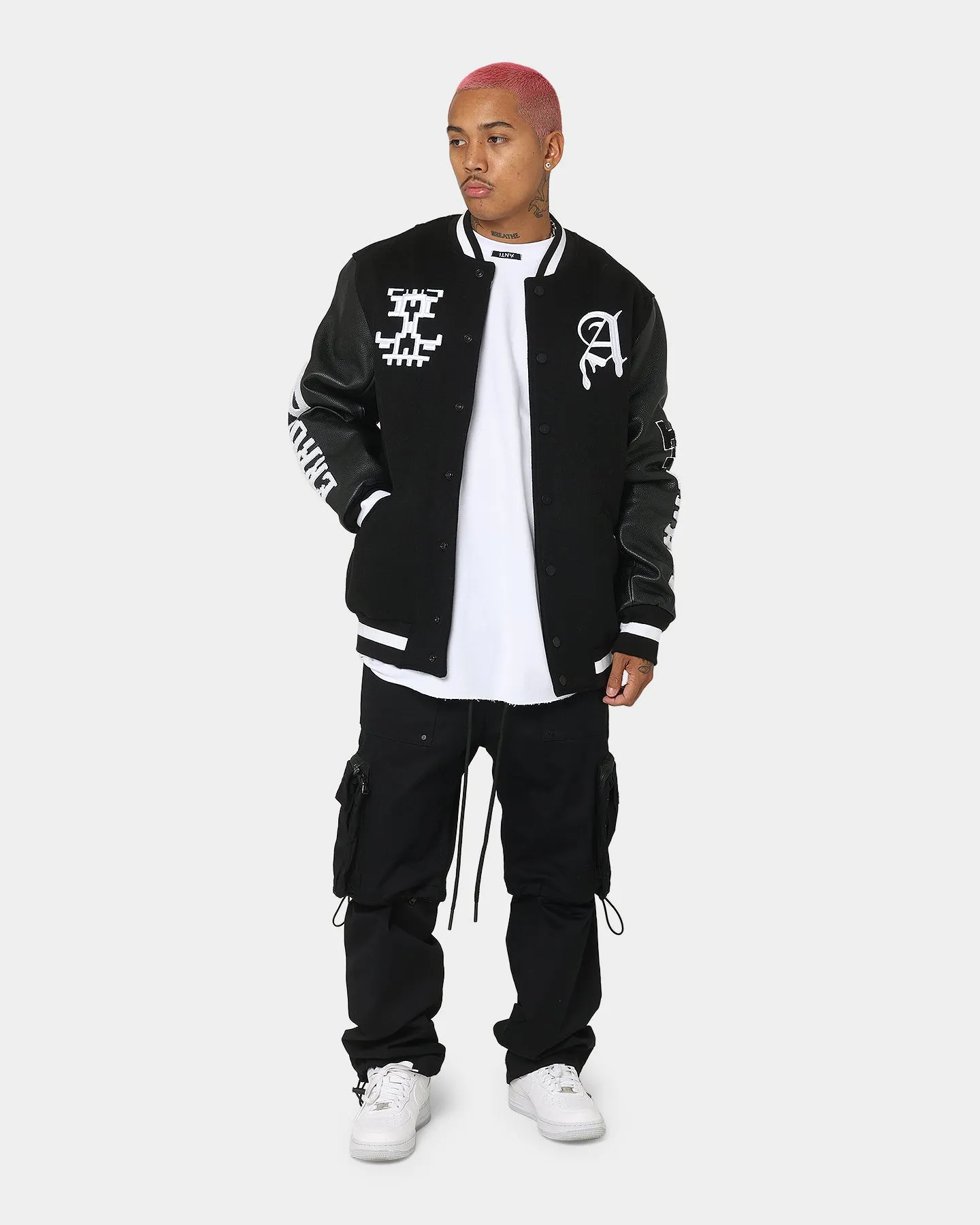 The Anti Order Dead Pixel Leather Varsity Jacket Black/White