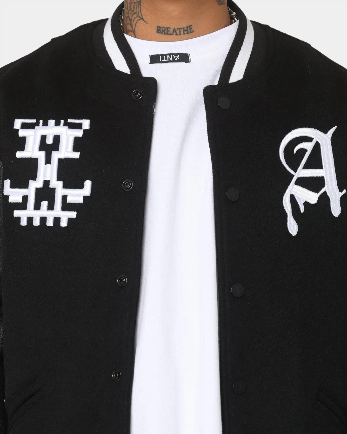 The Anti Order Dead Pixel Leather Varsity Jacket Black/White