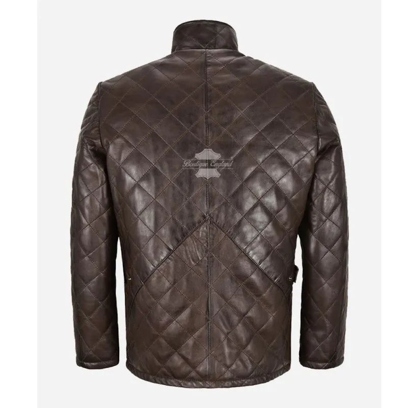 UK Quilted Leather Jacket Men's Soft Leather Band Collar Jacket