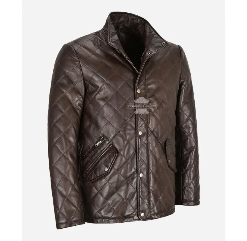 UK Quilted Leather Jacket Men's Soft Leather Band Collar Jacket