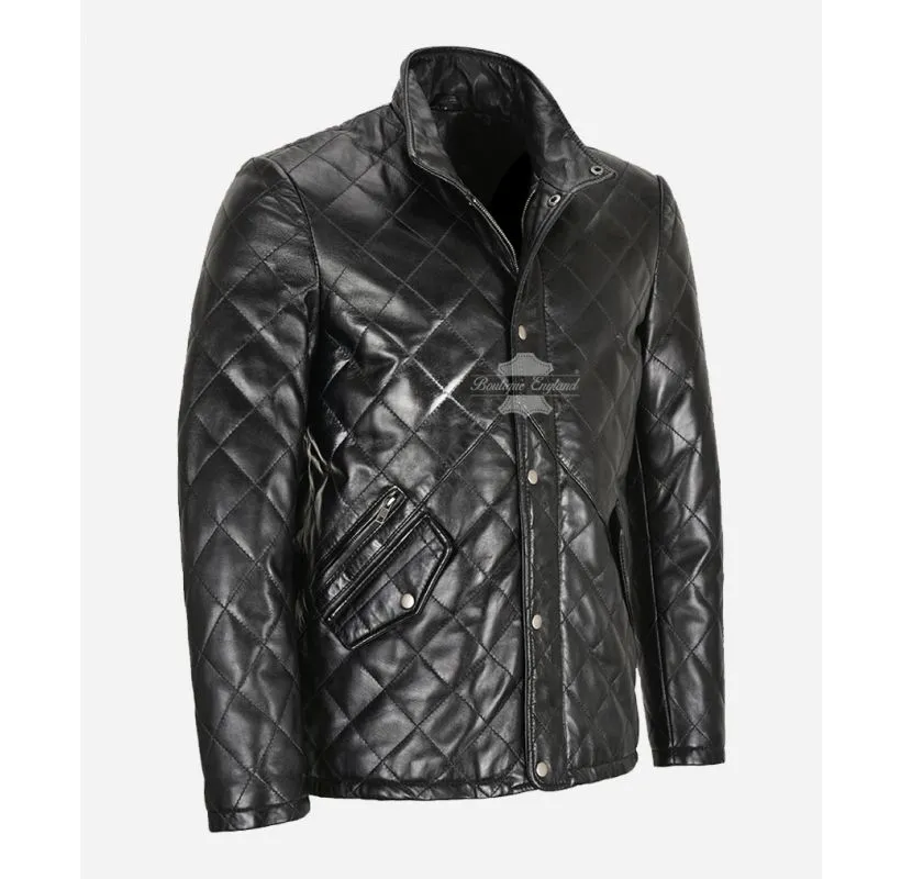 UK Quilted Leather Jacket Men's Soft Leather Band Collar Jacket